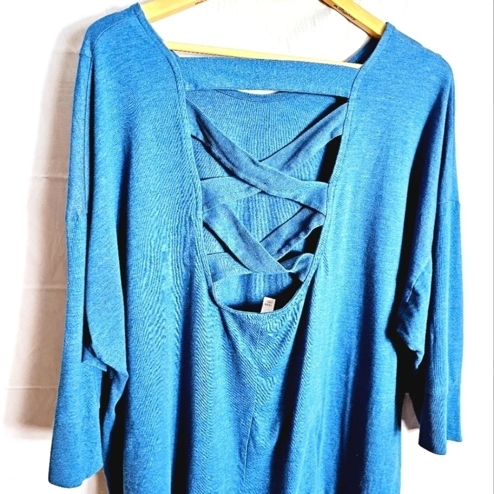 Sleep By Cacique Plus Blue 3/4 Sleeves Ribbed Strappy Back Women's Blouse
